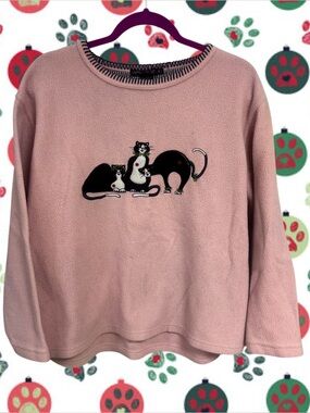 Vintage Avalon Sport fuzzy pink fleece sweater with Christmas wreath kitties